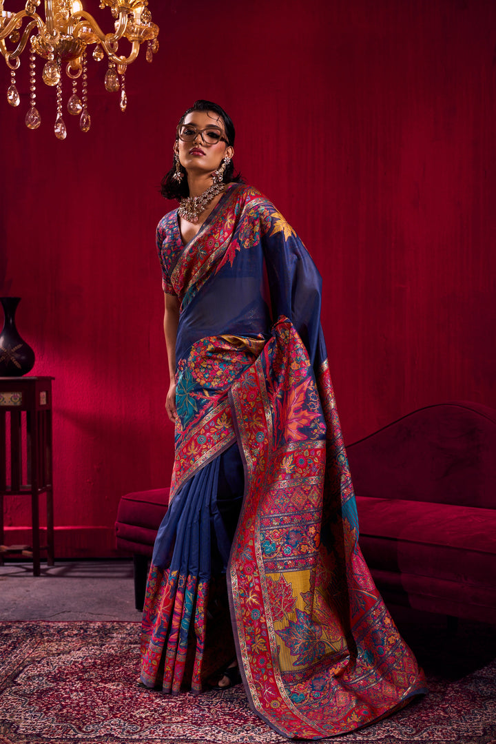 Royal Blue Kashmiri Modal Pashmina Saree with Multicolor Floral Weaving