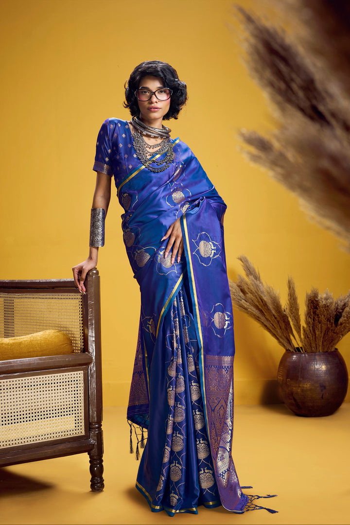 Royal Blue Satin Handloom Saree with Gold Woven Motifs & Rich Pallu
