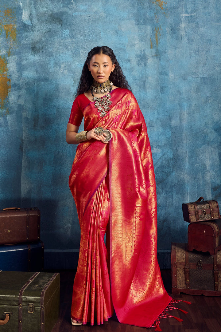 Radiant Red Handloom Silk Saree with Rich Gold Zari Weaving