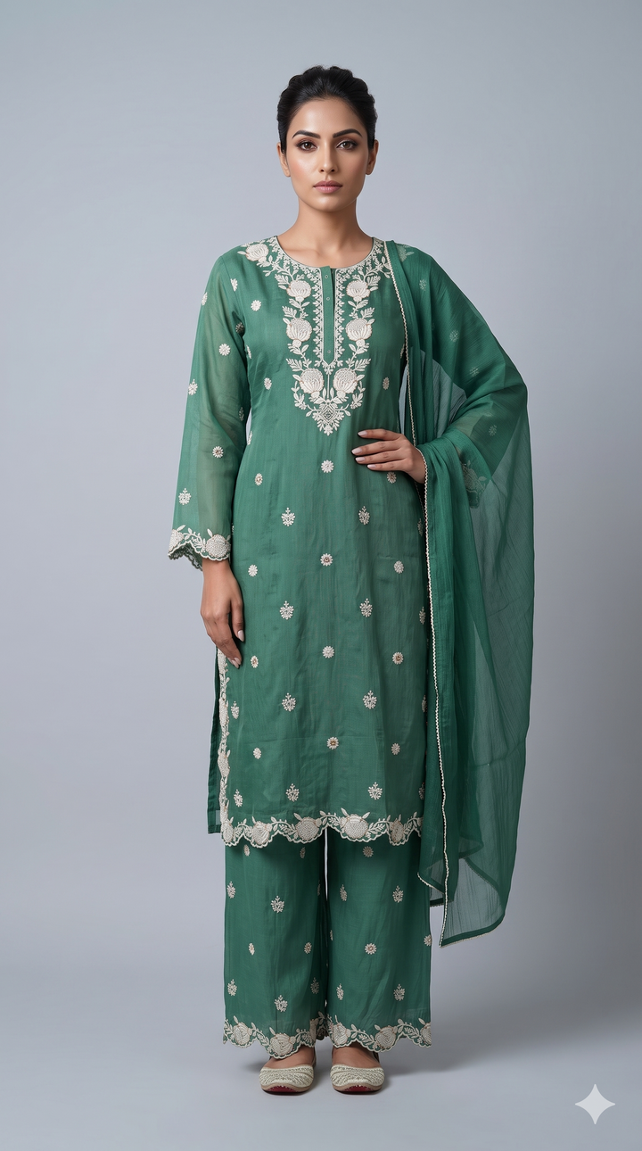 Sea Green Embroidered Kurta Palazzo Set with Dupatta