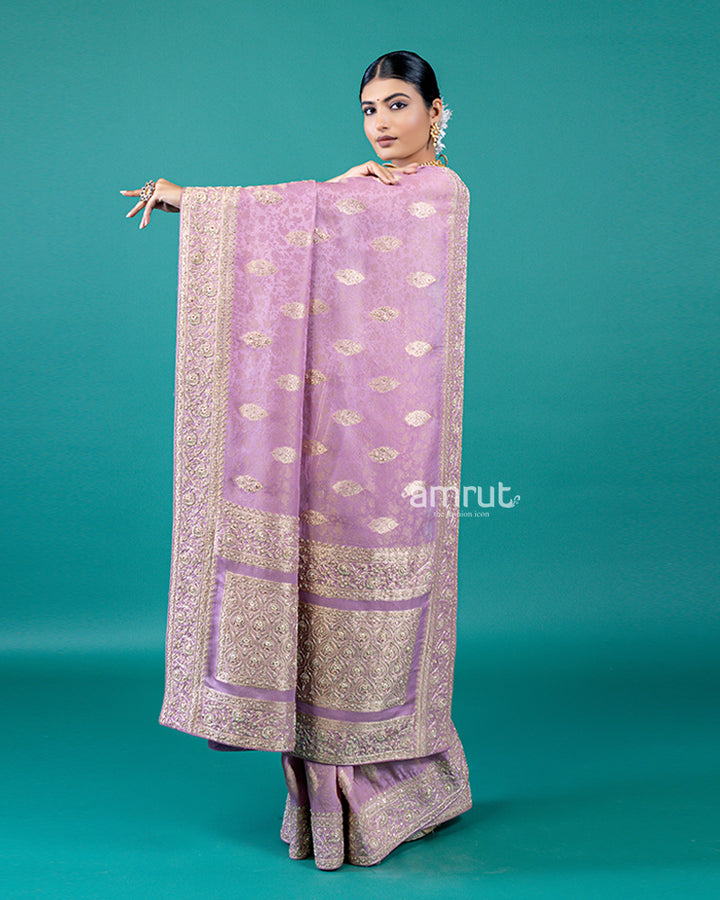 Lavender Zari embellished silk saree with unstitched blouse