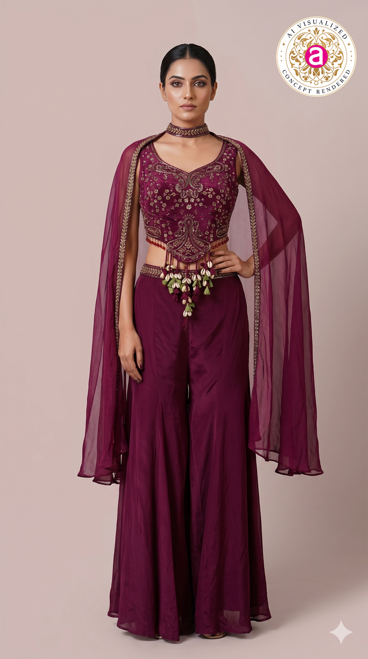 Wine Purple Embroidered Cape Co-Ord Set