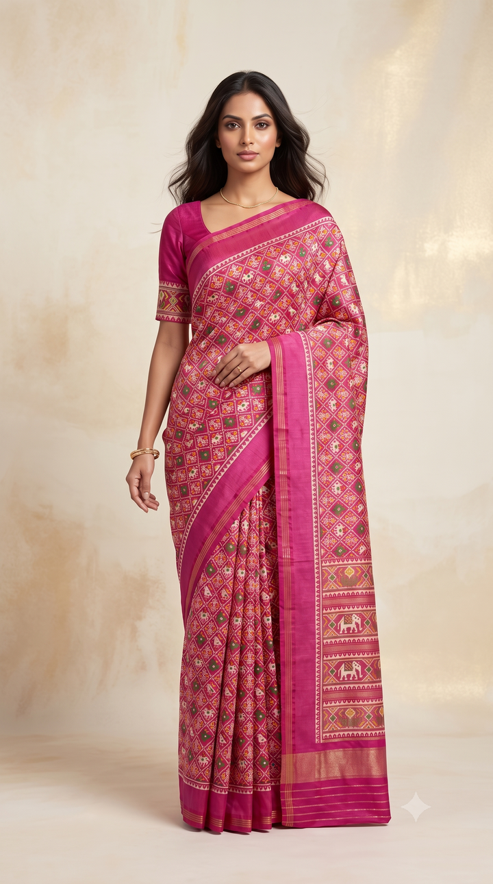 Patola Weaving Silk Saree with Traditional Ikat Diamond Weave & Rich Zari Border