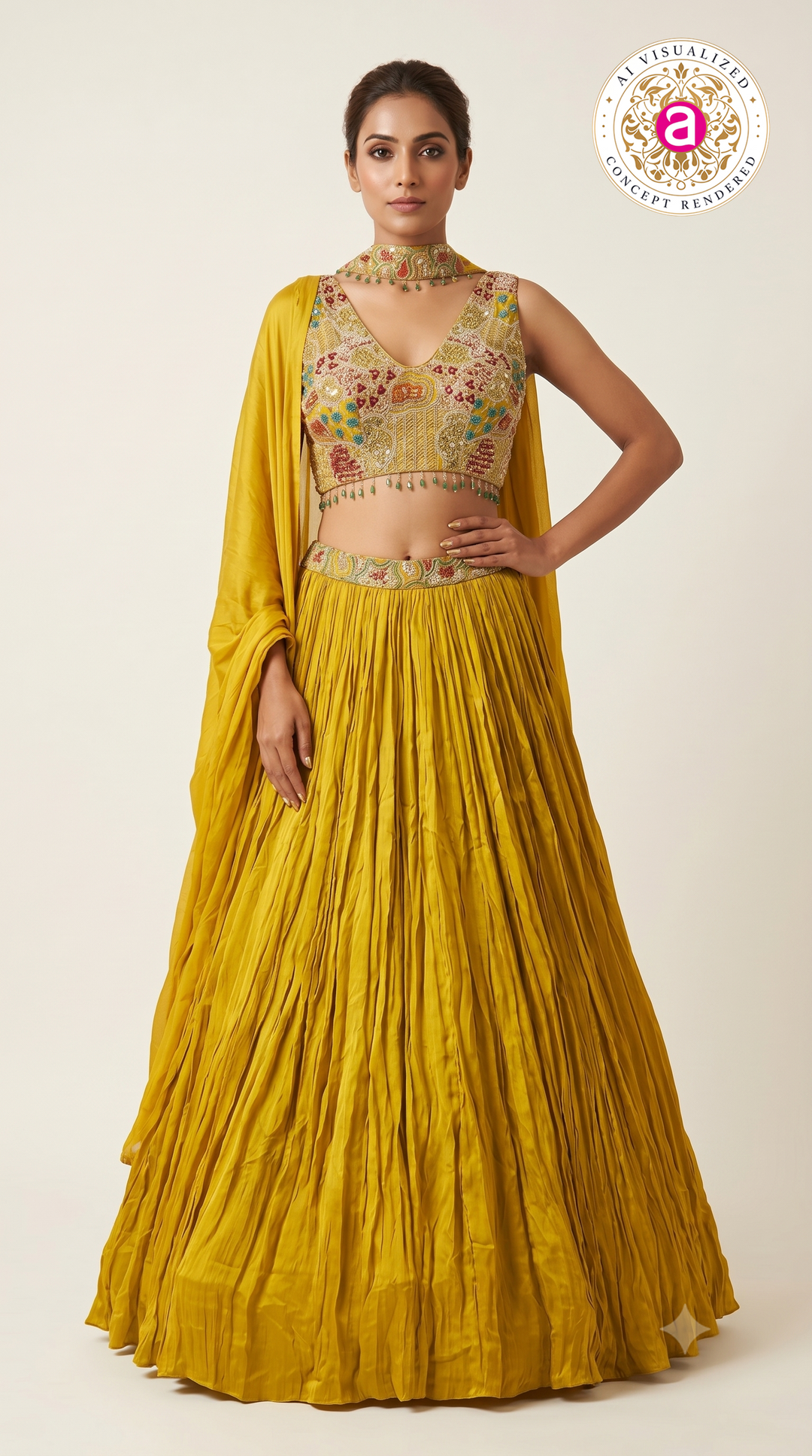 Sunshine Yellow Crushed Silk Festive Lehenga Set