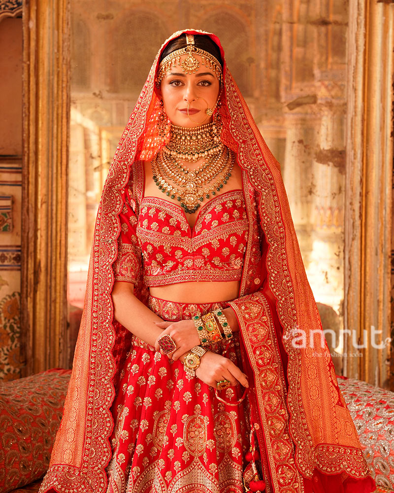Red Sequin Embroidered Embellished Bridal Lehenga Choli with Two