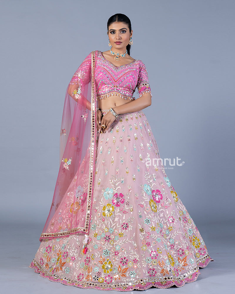 Light Pink Floral Embroidered Lehenga and Embellished Choli with Ombre Dupatta