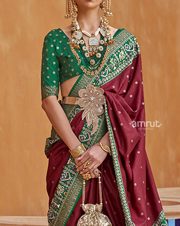 Maroon Zari Weaving Green Border Saree in Patola Silk with Unstitched Blouse