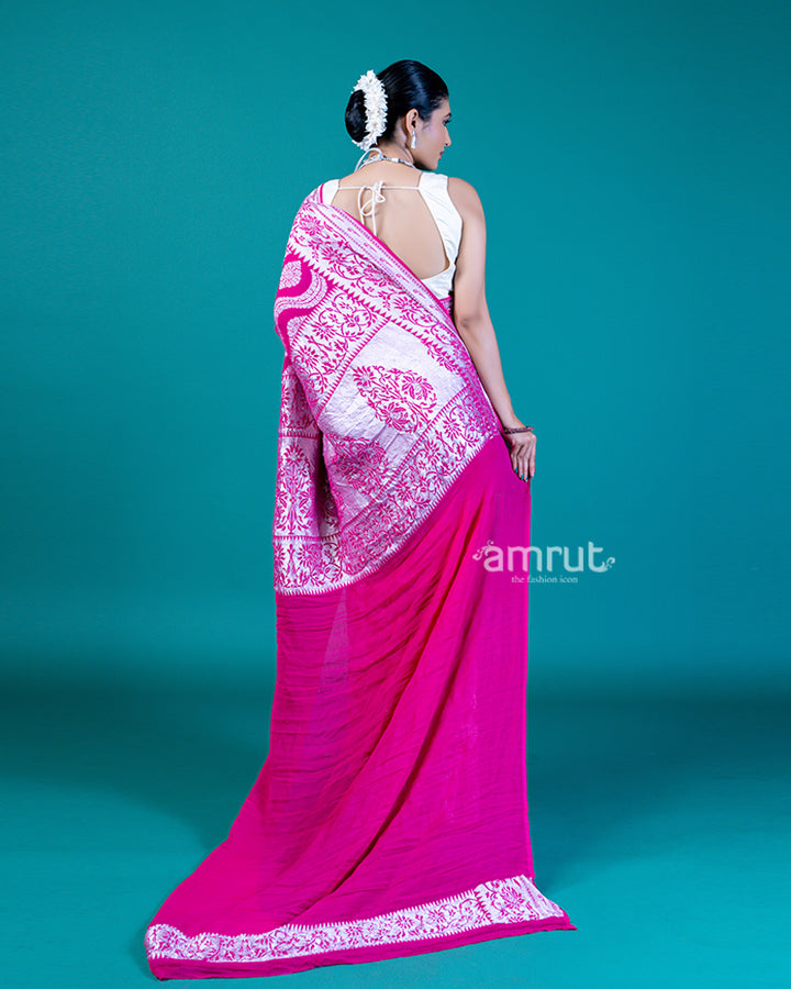 Vibrant Pink Saree with Silver Paisley Design and Unstitched Blouse