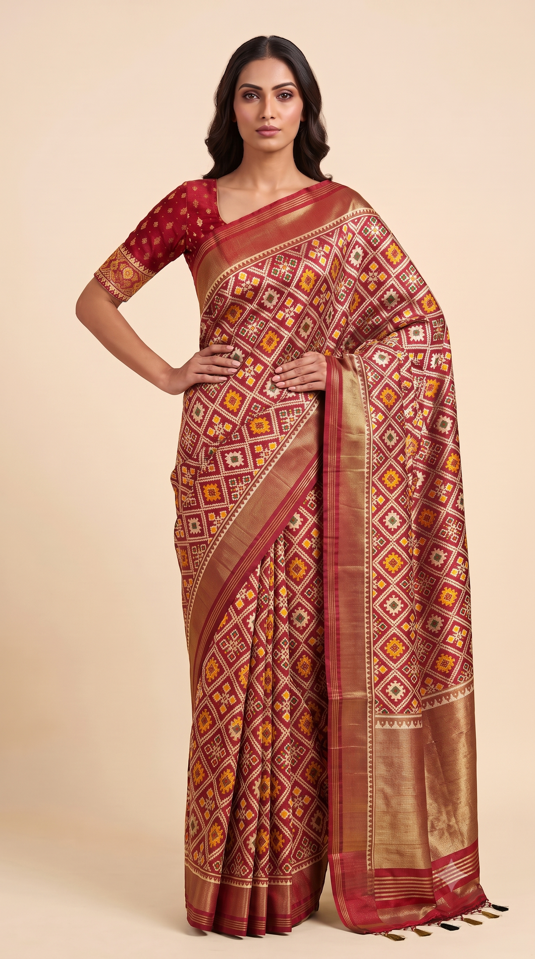Patola Weaving Silk Saree with Traditional Geometric Ikat Design & Rich Zari Border