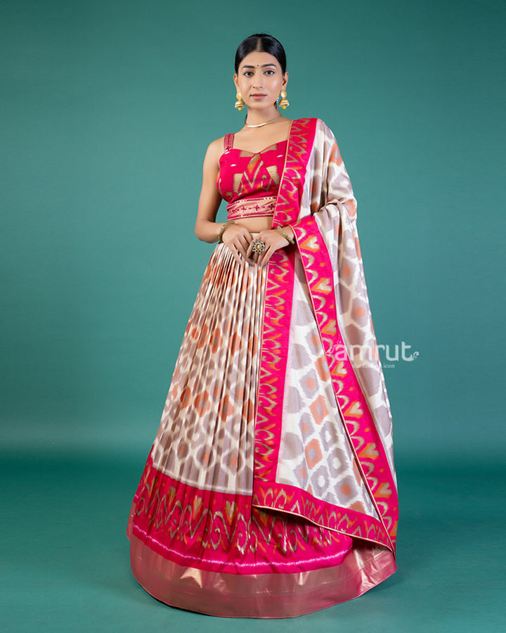 Cream-Beige & Pink Fuchsia Geometric Print Lehenga Choli with Dupatta