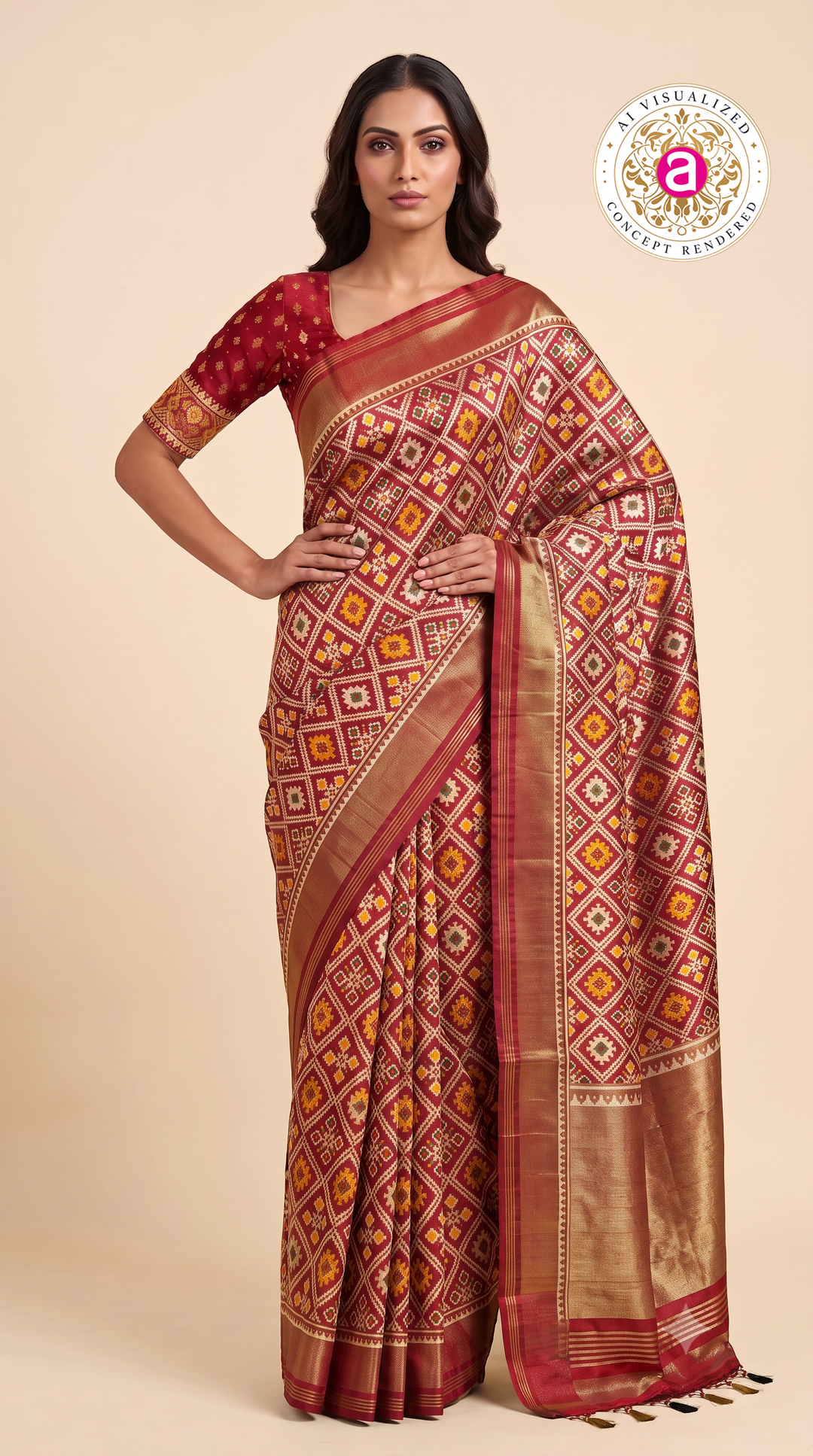 Patola Weaving Silk Saree with Traditional Geometric Ikat Design & Rich Zari Border