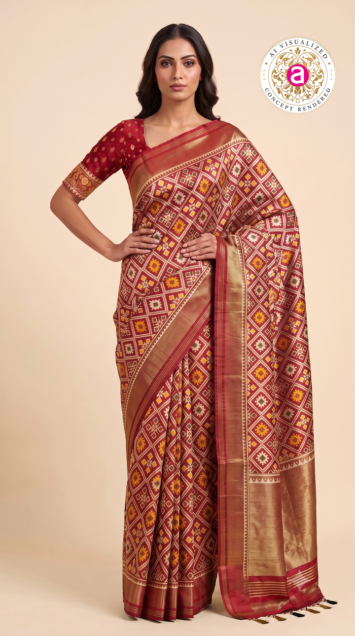 Patola Weaving Silk Saree with Traditional Geometric Ikat Design & Rich Zari Border