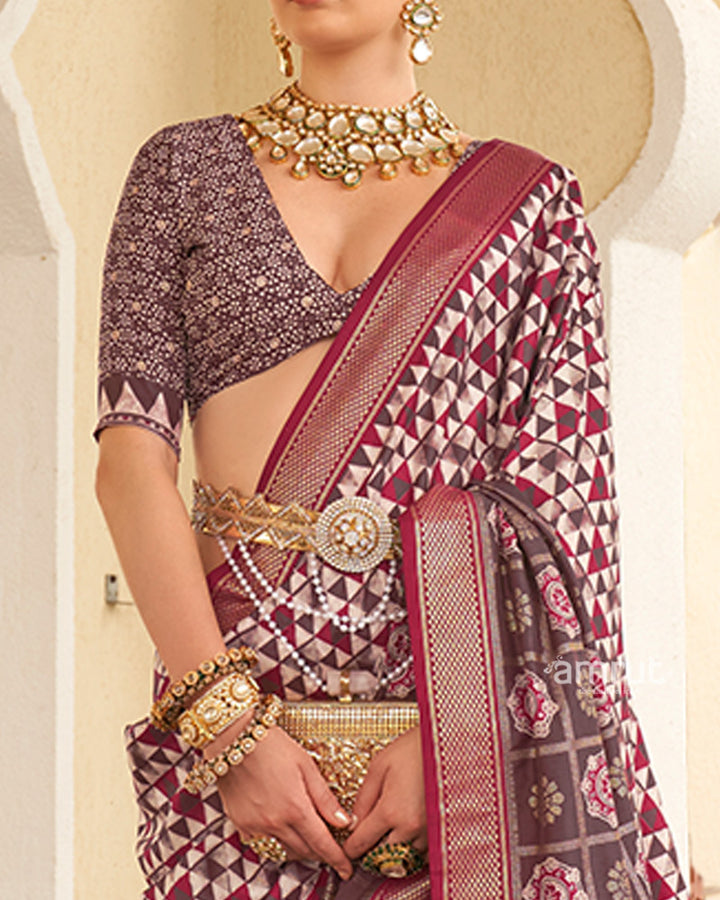 Mauve Taupe & White Geometric Printed Embellished Zari Border Silk Saree with Unstitched Blouse