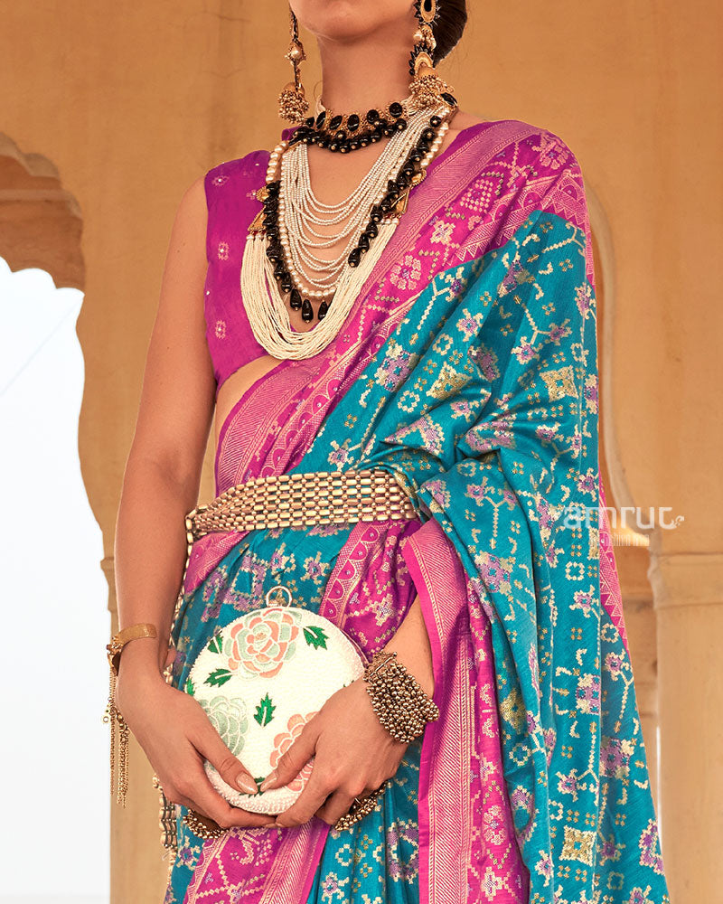 Blue Ikat Printed and Pink Contrast Border Patola Silk Saree with Unstitched Blouse