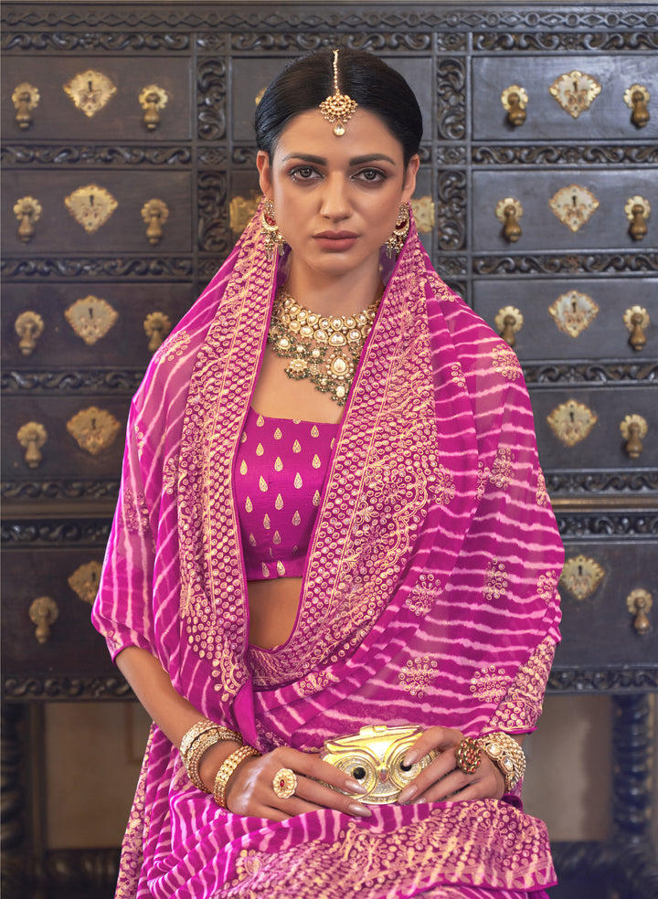 Royal Rani Pink Leheriya Pattern Georgette Designer Saree