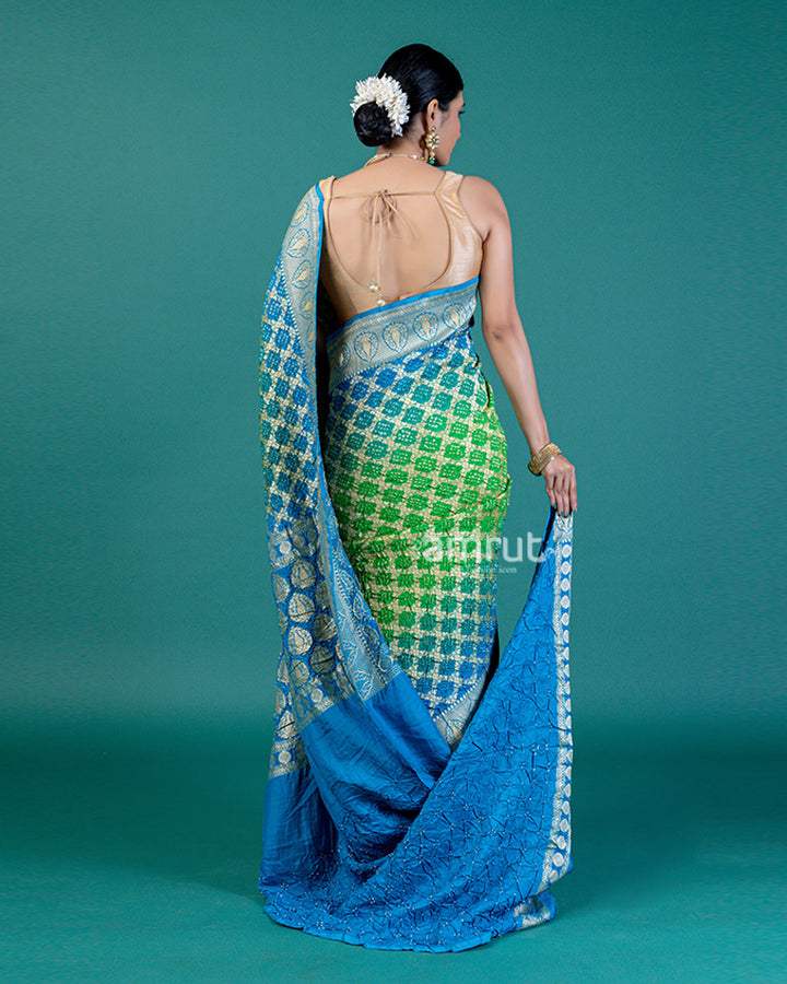 Blue Green Banarasi Bandhani Khaddi Georgette Saree with unstitched blouse