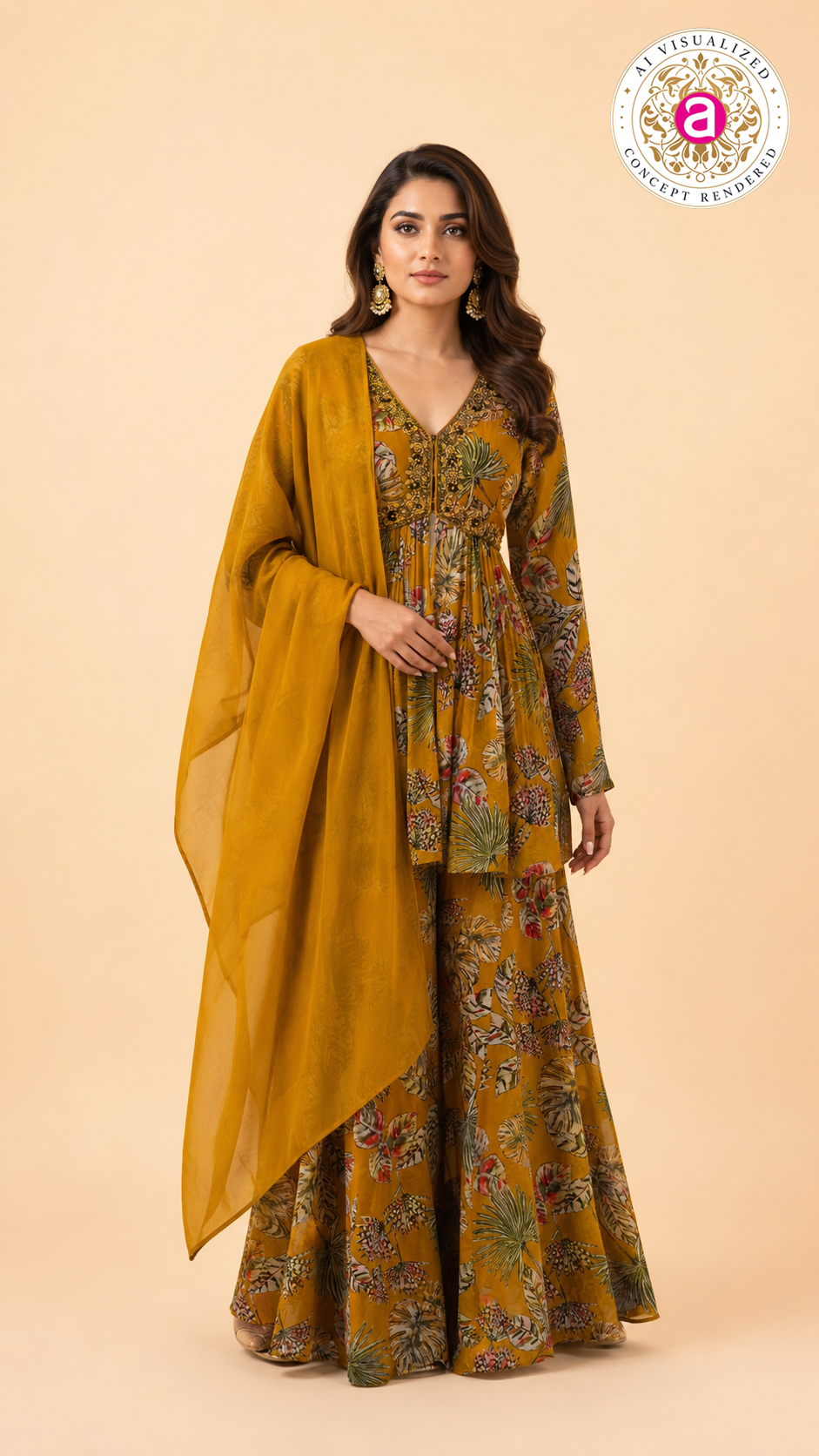 Mustard Floral Printed Palazzo with Peplum Set