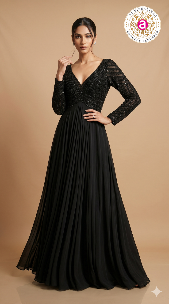 Midnight Black Hand Embellished Evening Gown