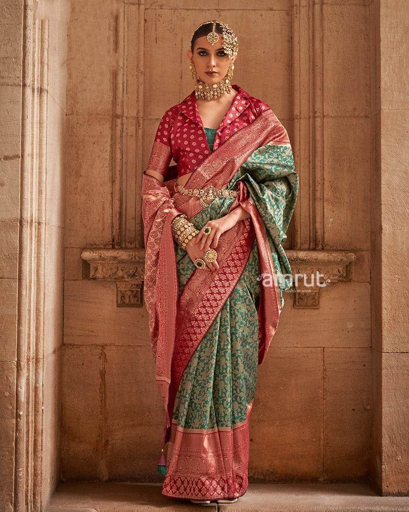 Green and Red Gold-Toned Ethnic Motifs Design Zari Silk Saree with Unstitched Blouse