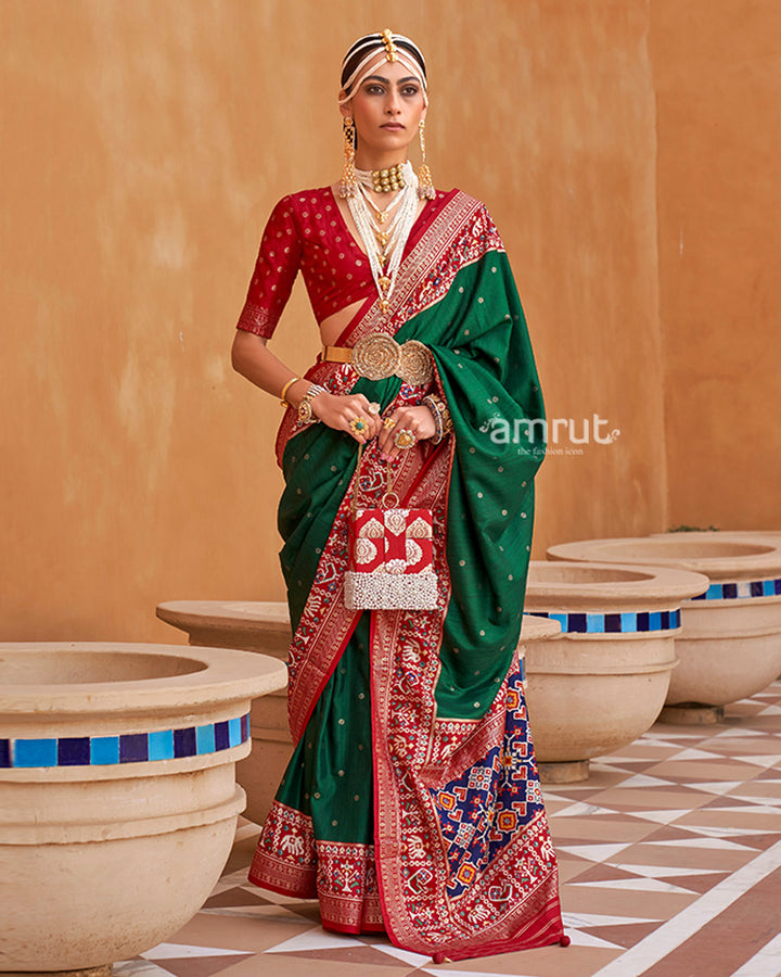 Green Zari Weaving Red Border Saree in Patola Silk with Unstitched Blouse