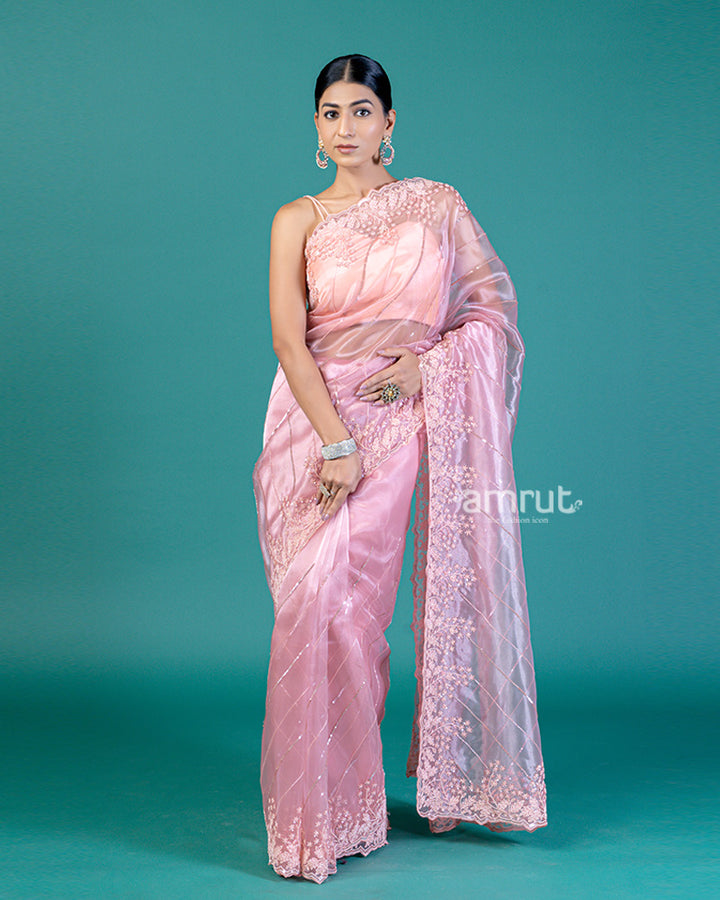 Pastel Pink Designer Organza Saree with Bead Embroidery, Sequin Stripes & Unstitched