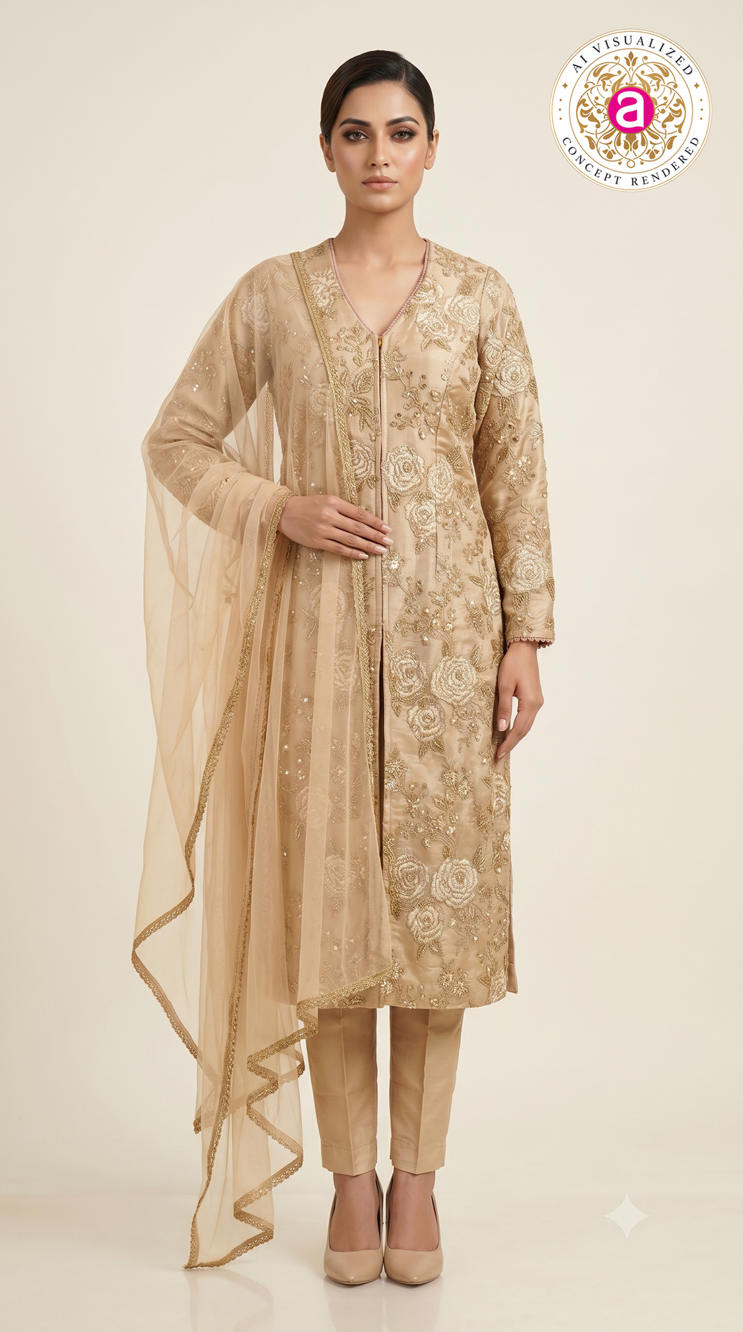 Champagne Gold Floral Embroidered Straight Suit Set