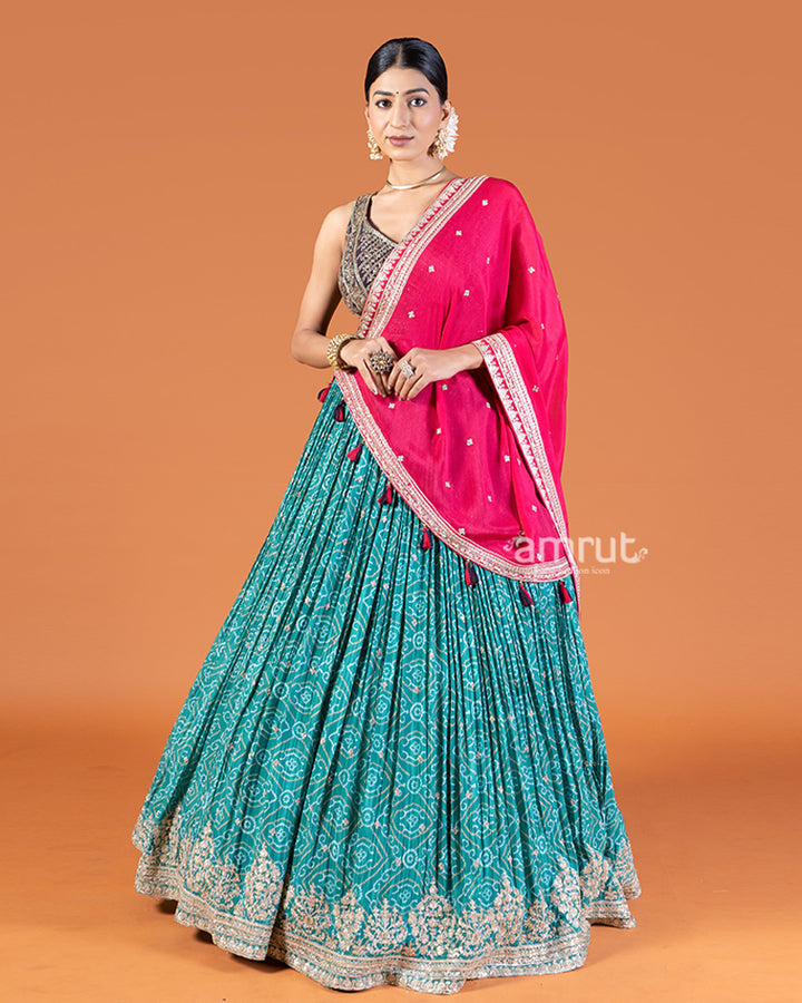 Teal Bandhani Lehenga with Purple Choli and Pink Dupatta Set