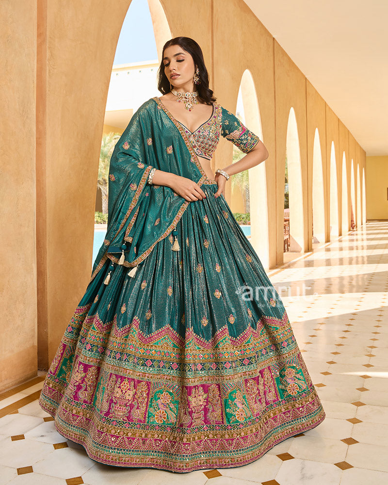 Teal Golden and Pink Embroidery Embellished Lehenga Choli with Matching Dupatta