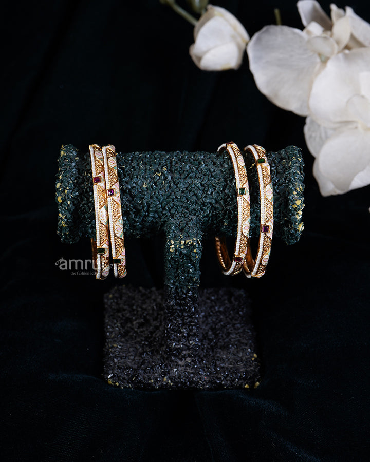 Golden-Toned Gemstone Accents and Bead Detailing Floral Bangles