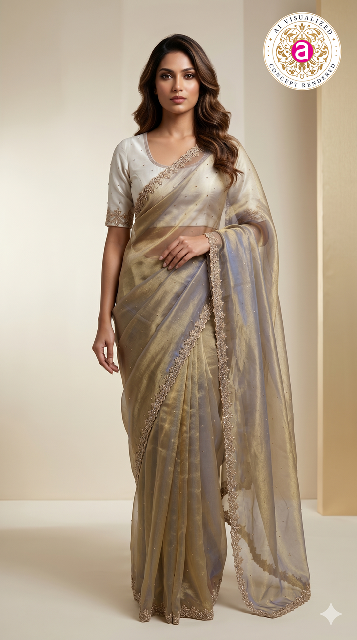 Champagne Grey Organza Saree with Hand Embroidered Border