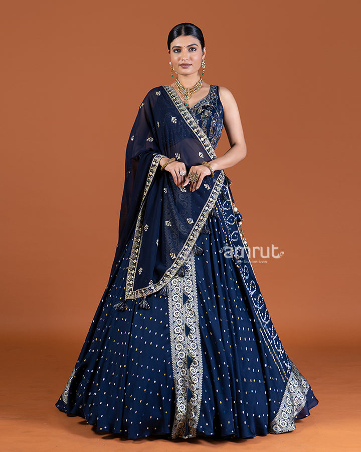 Blue Bandhani Lehenga with Embroidered Choli and Draped Dupatta