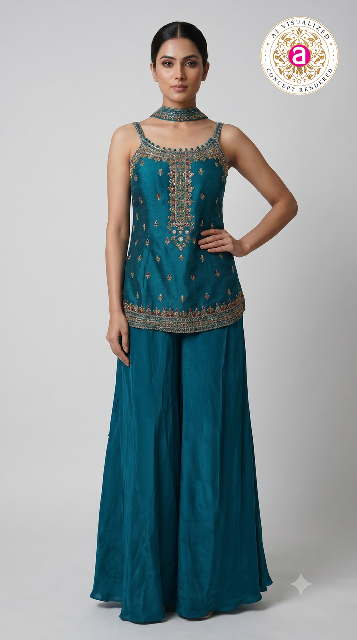 Teal Blue Embroidered Designer Palazzo Set