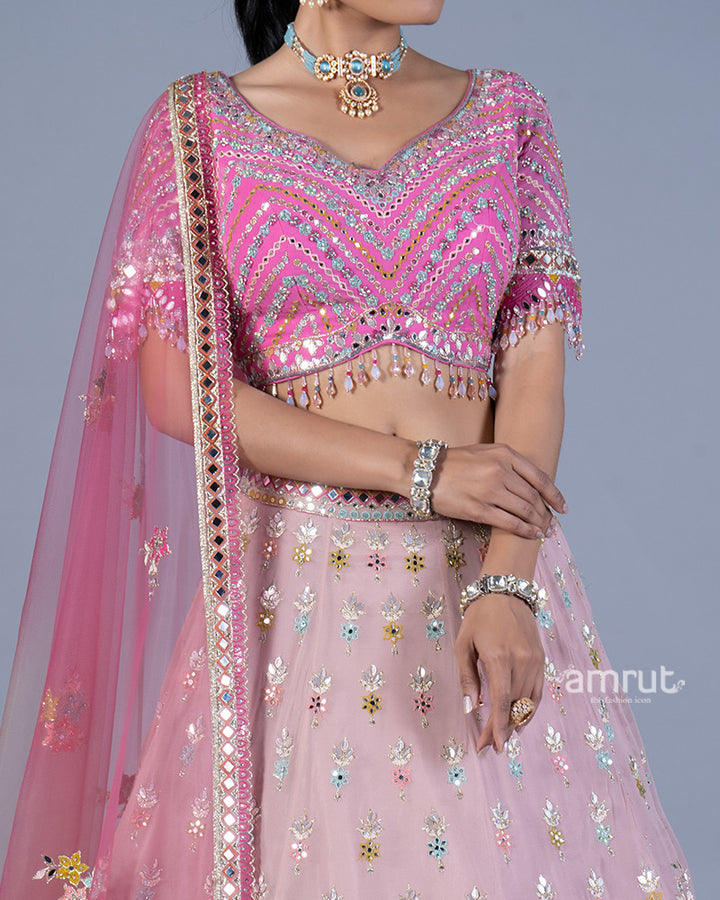 Light Pink Floral Embroidered Lehenga and Embellished Choli with Ombre Dupatta