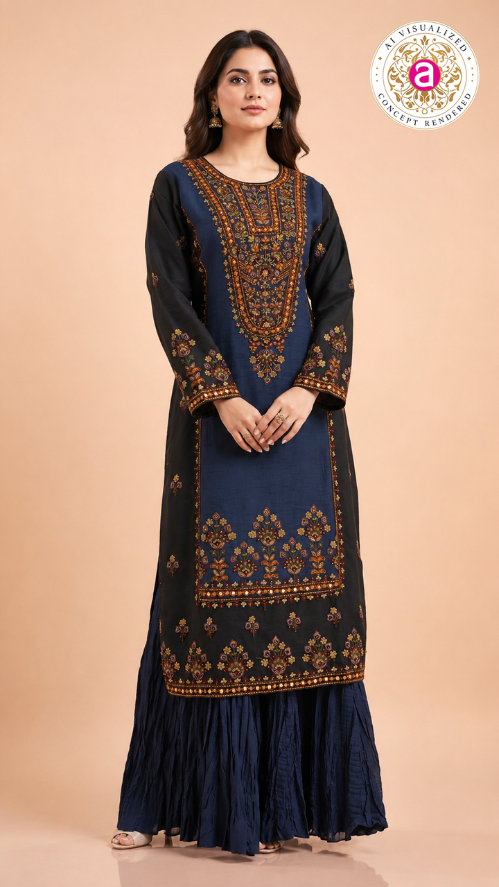 Navy Blue Embroidered Kurti with Sharara Set
