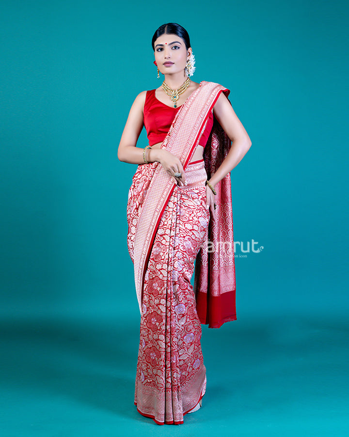 Red Floral Zari Embellishments Saree and Unstitched Blouse