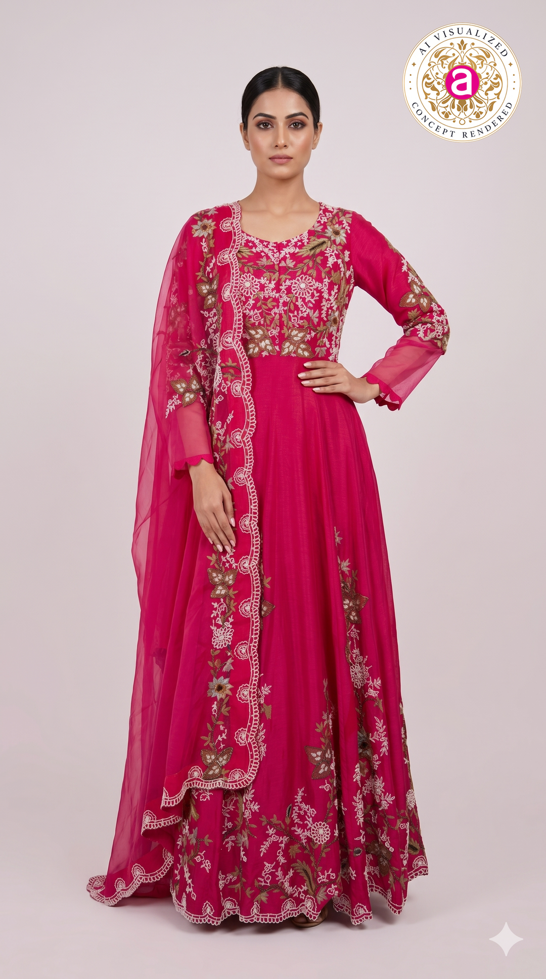 Rani Pink Floral Embroidered Anarkali Gown with Organza Dupatta