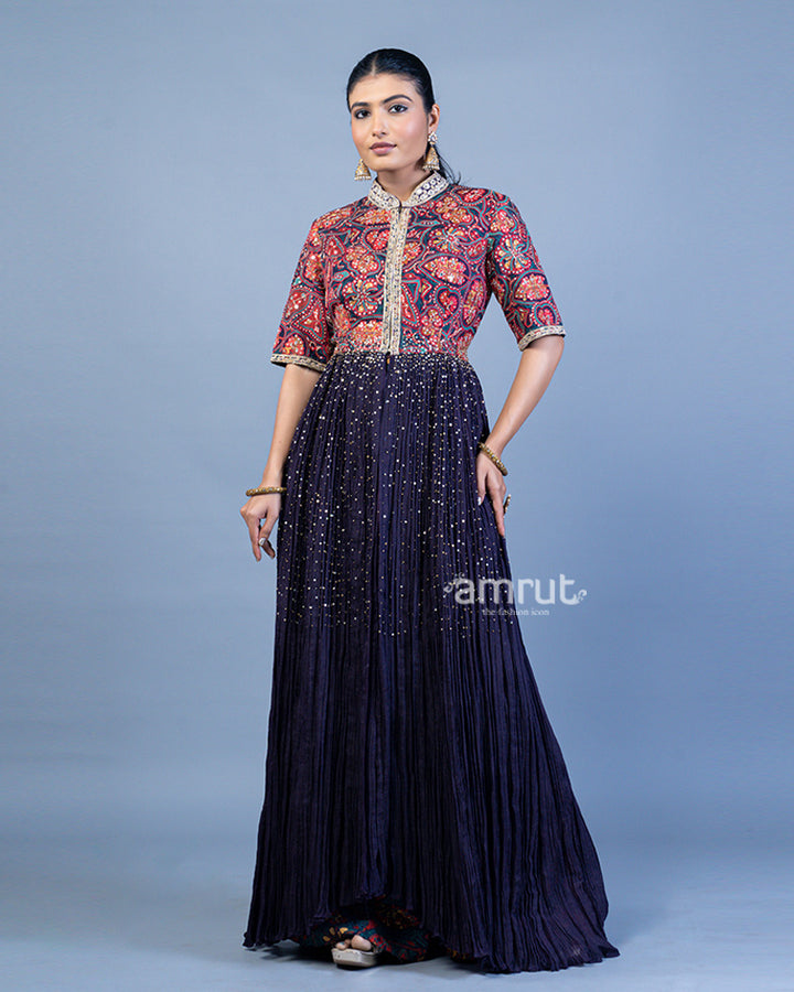 Dark Lavender Floor-Length Kurti with Printed Palazzo Pants