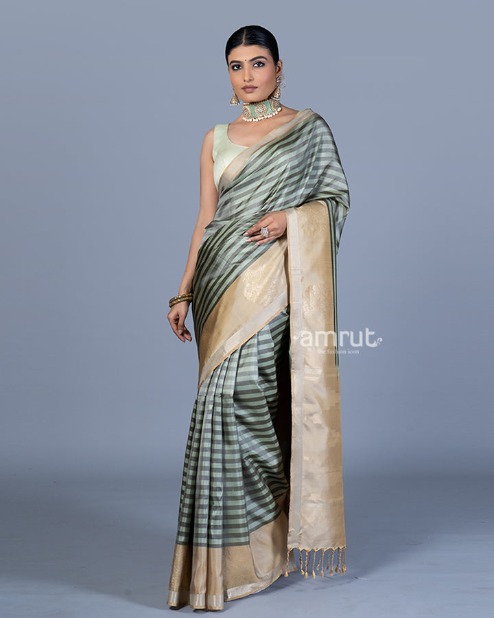 Light Sage Green and Beige Striped Saree with Unstitched Blouse