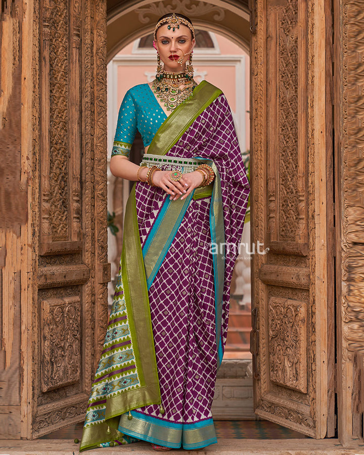 Purple Zari Woven Patola Silk Saree with Unstitched Blouse