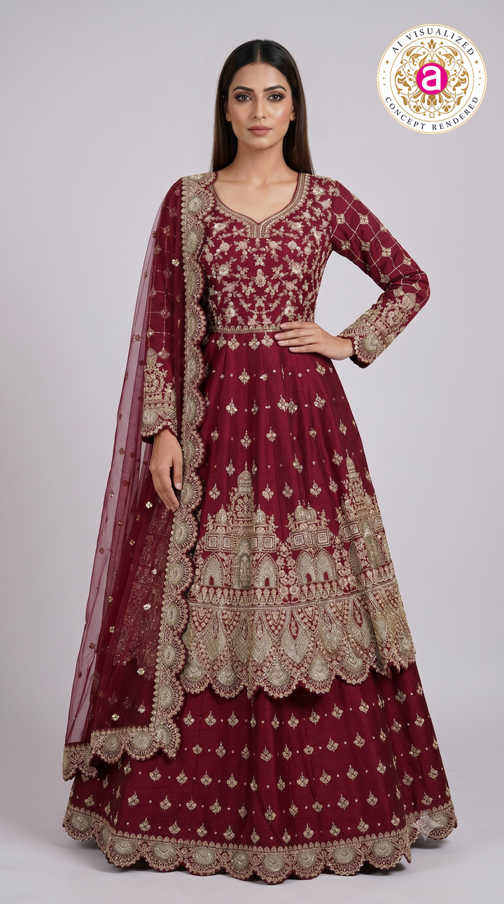 Wine Maroon Embroidered Anarkali Gown Set with Net Dupatta