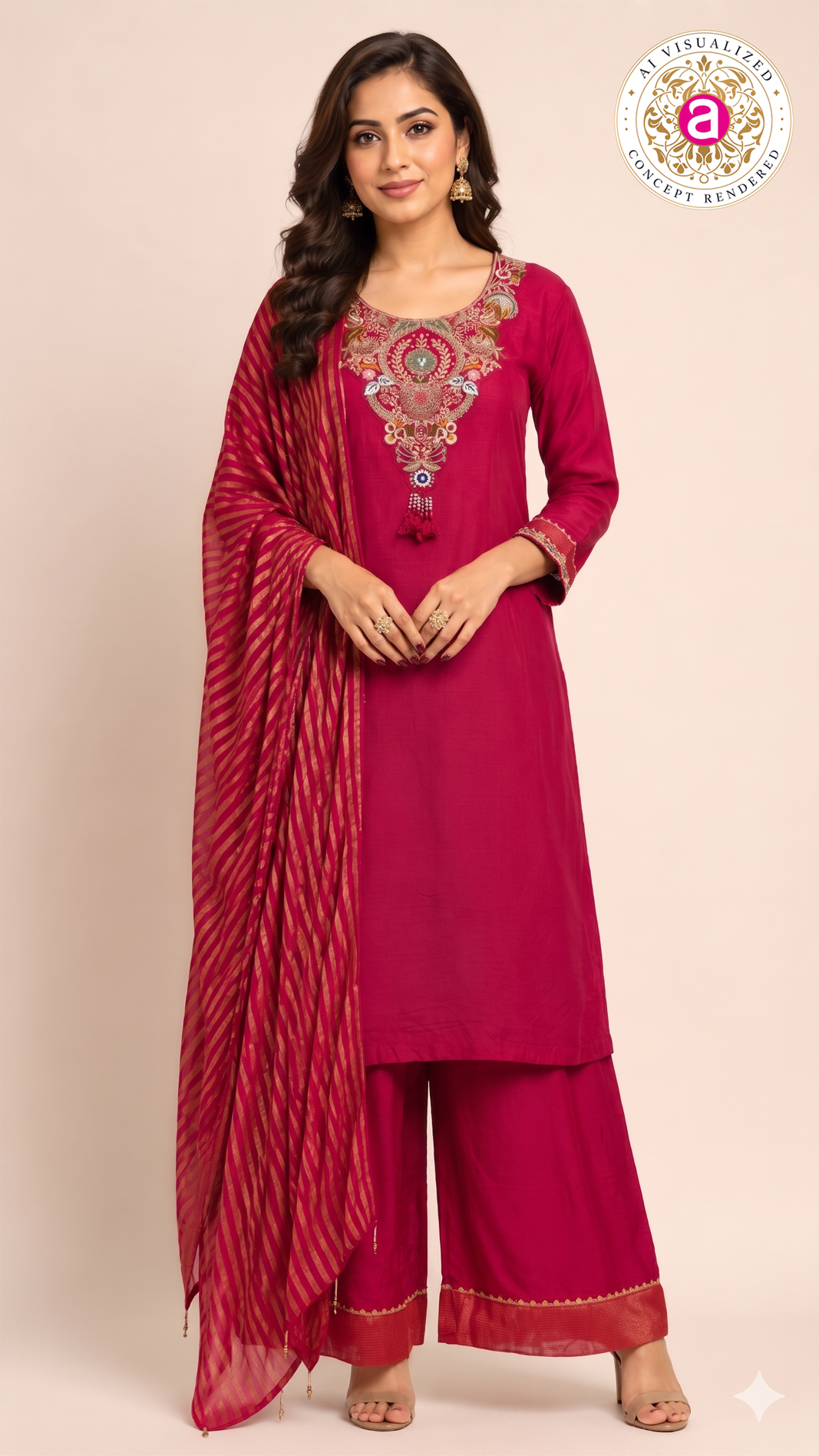 Rani Pink Handwork Kurta Palazzo Set with Dupatta