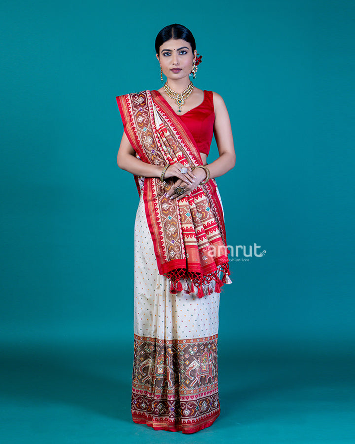 White Ikat Patola Silk Saree with Red Pallu, Printed Border & Unstitched Blouse