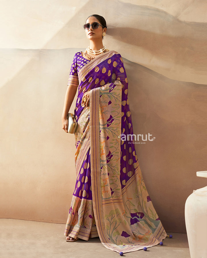 Purple with Golden Polka Dots, Nature-Inspired Print Border Georgette Saree and Unstitched Blouse