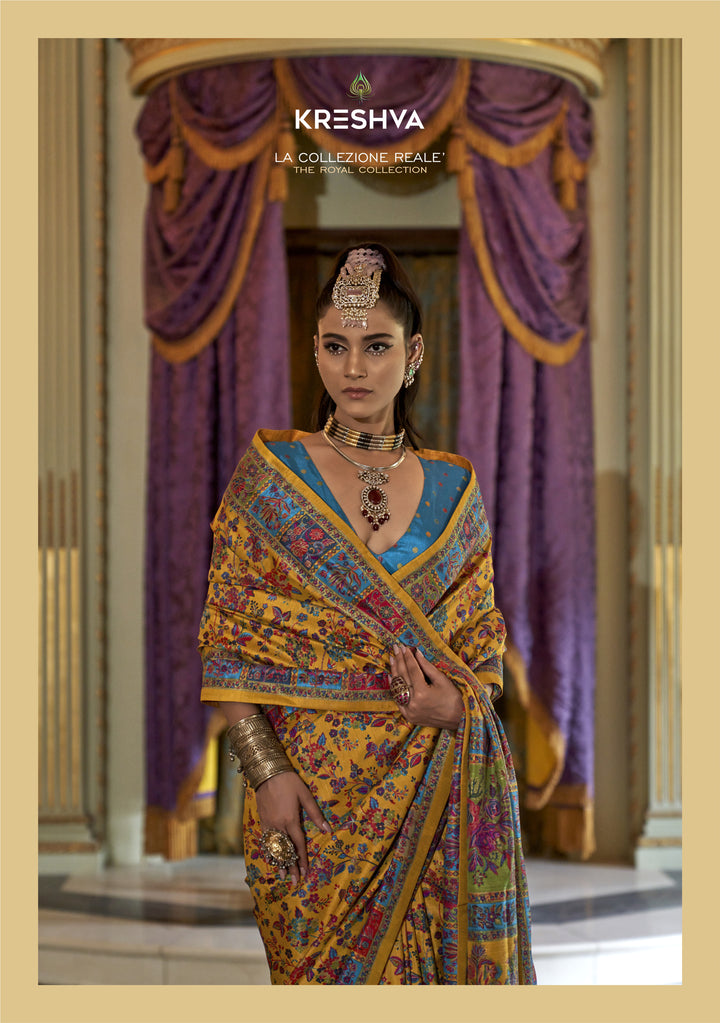 Mustard Yellow Pashmina Inspired Heritage Print Saree with Teal Blue Blouse