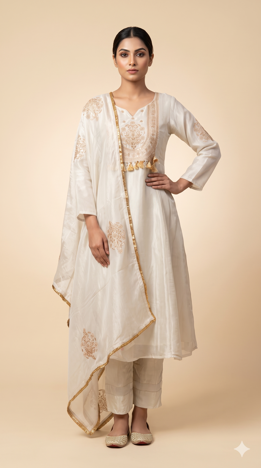 Ivory Embroidered Kurta Palazzo Set with Dupatta