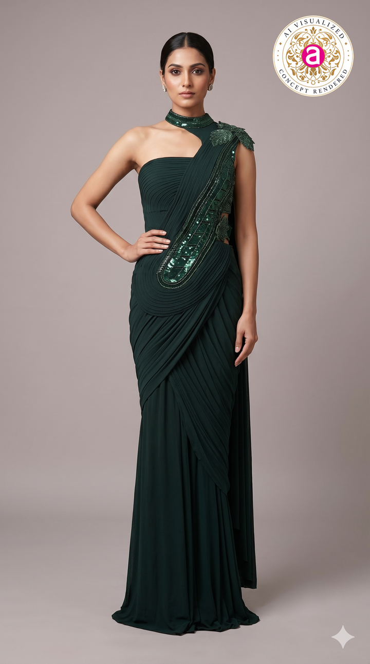 Emerald Green Ready-to-Wear Saree with Sequined Embellishments & Designer Neck Detail