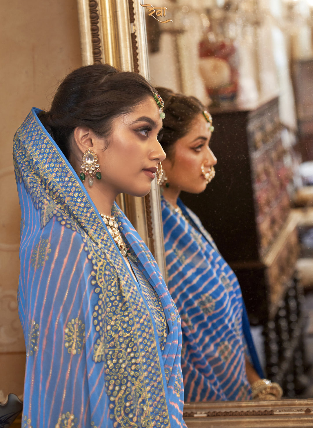 Royal Peacock Blue Leheriya Pattern Georgette Designer Saree