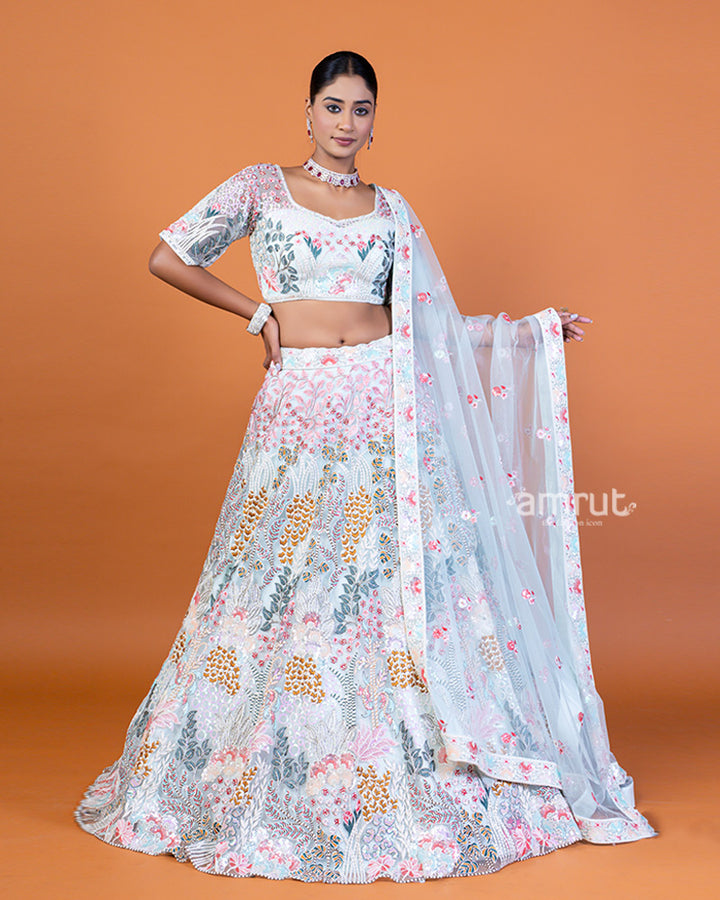 White and Powder Blue Embroidered Lehenga Choli Set with Dupatta