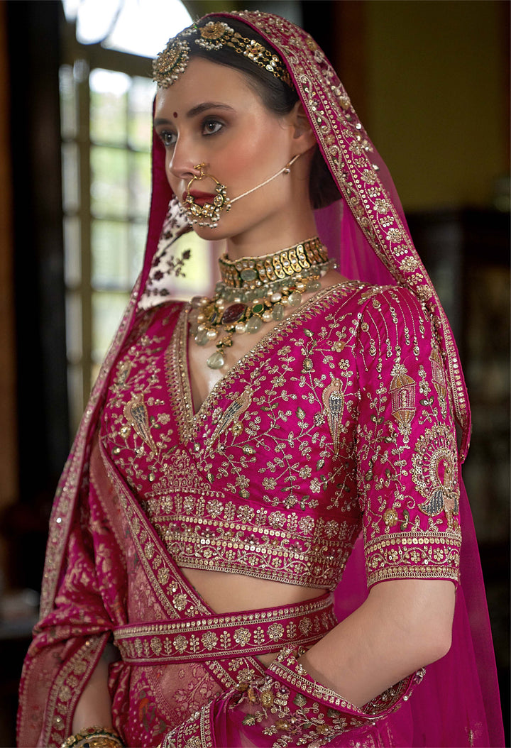 Majestic Magenta Pink Bridal Lehenga with Zardozi & Peacock Motifs – Double Dupatta Royal