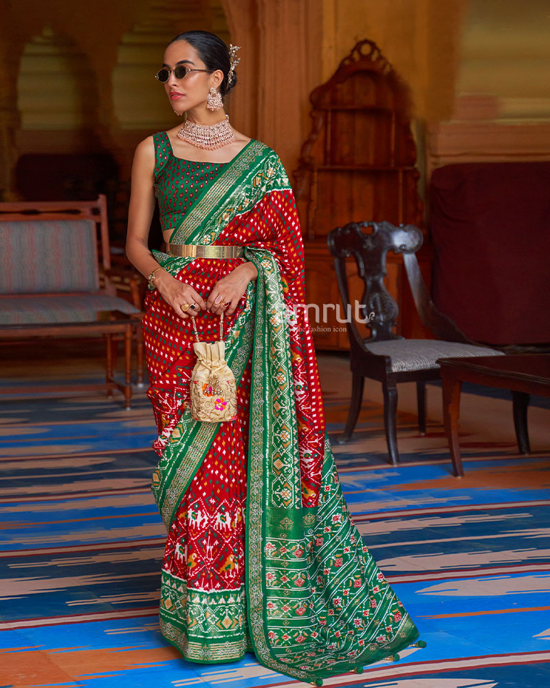 Red Saree with Green Pallu and Unstitched Blouse